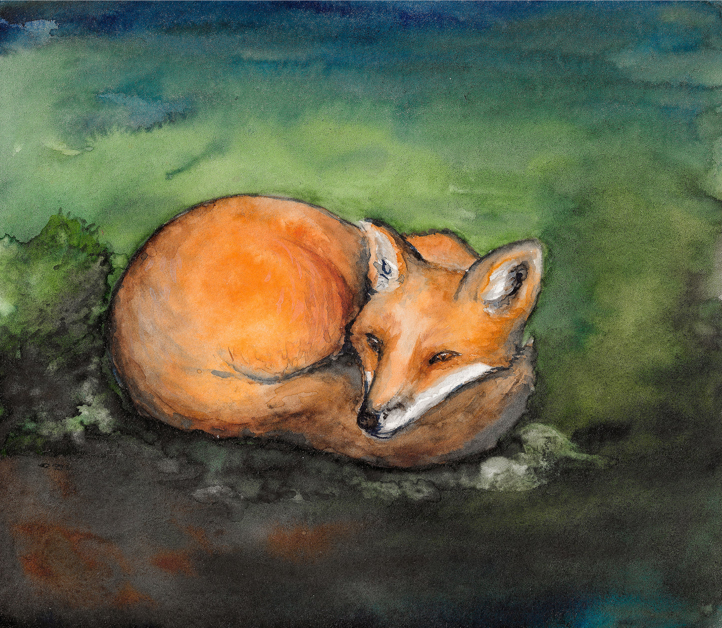 Watercolor painting of a fox lying on the ground with a natural background