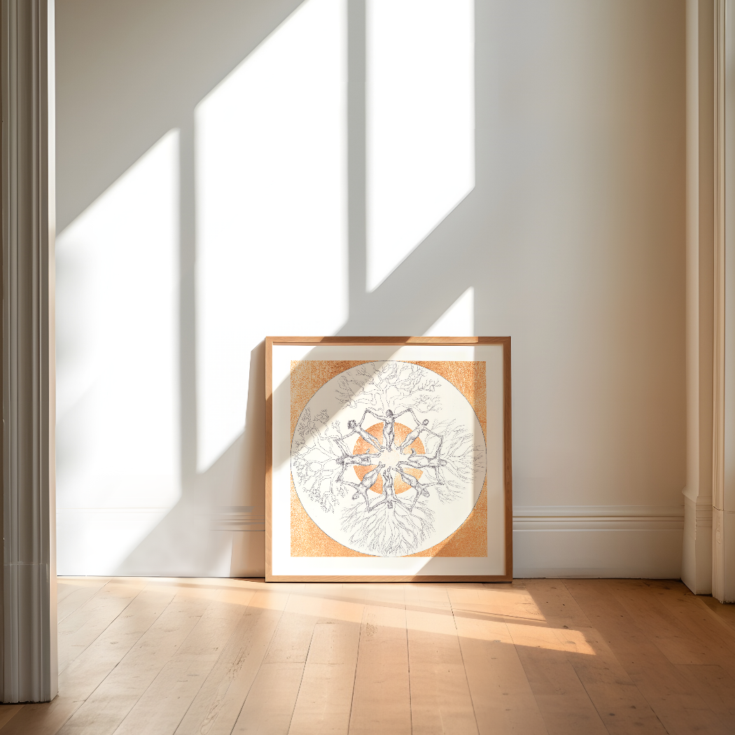 Framed artwork on a wall with sunlight casting shadows