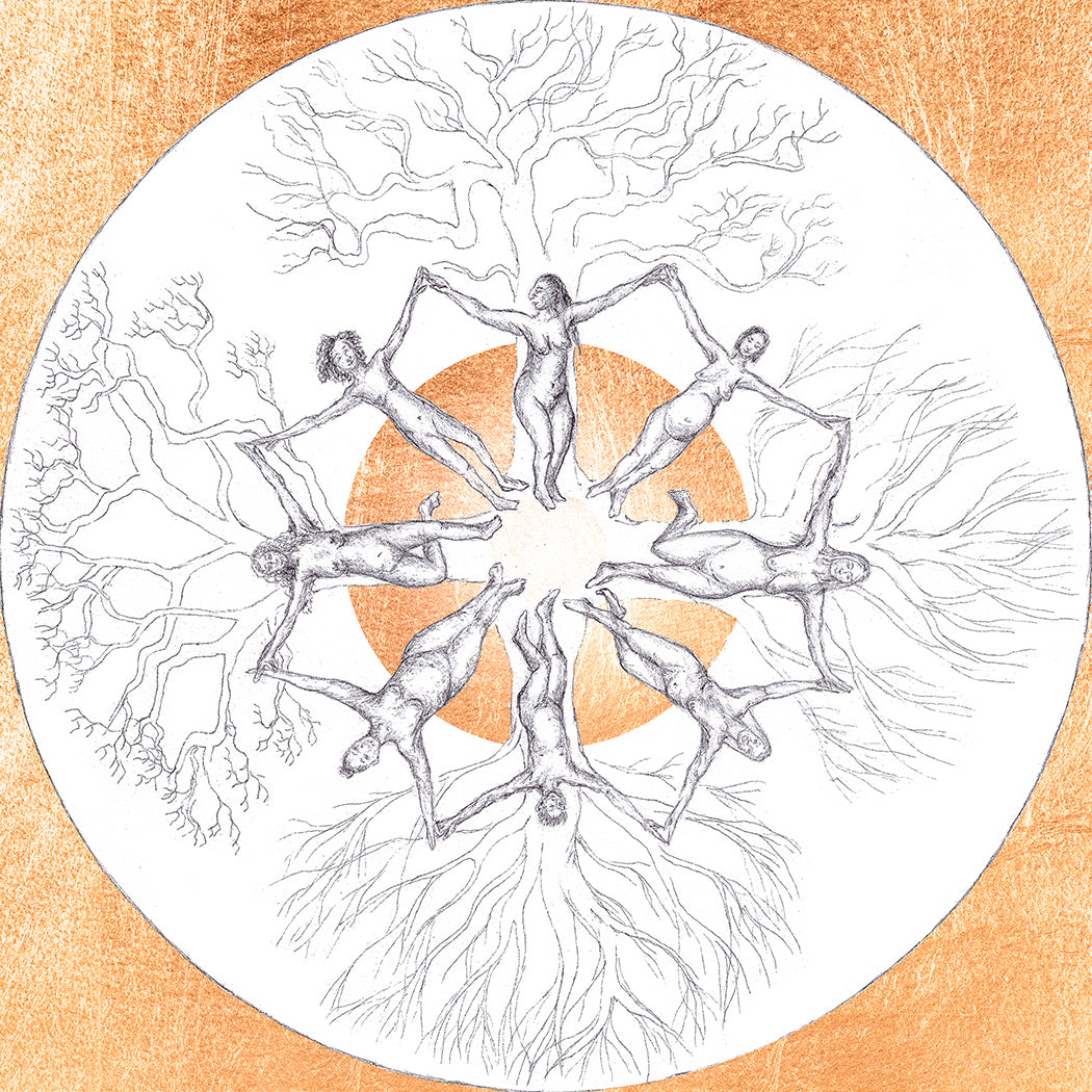 Round design with women dancing in a circle within a circle of trees with a sun-like center and a gold-leaf background.