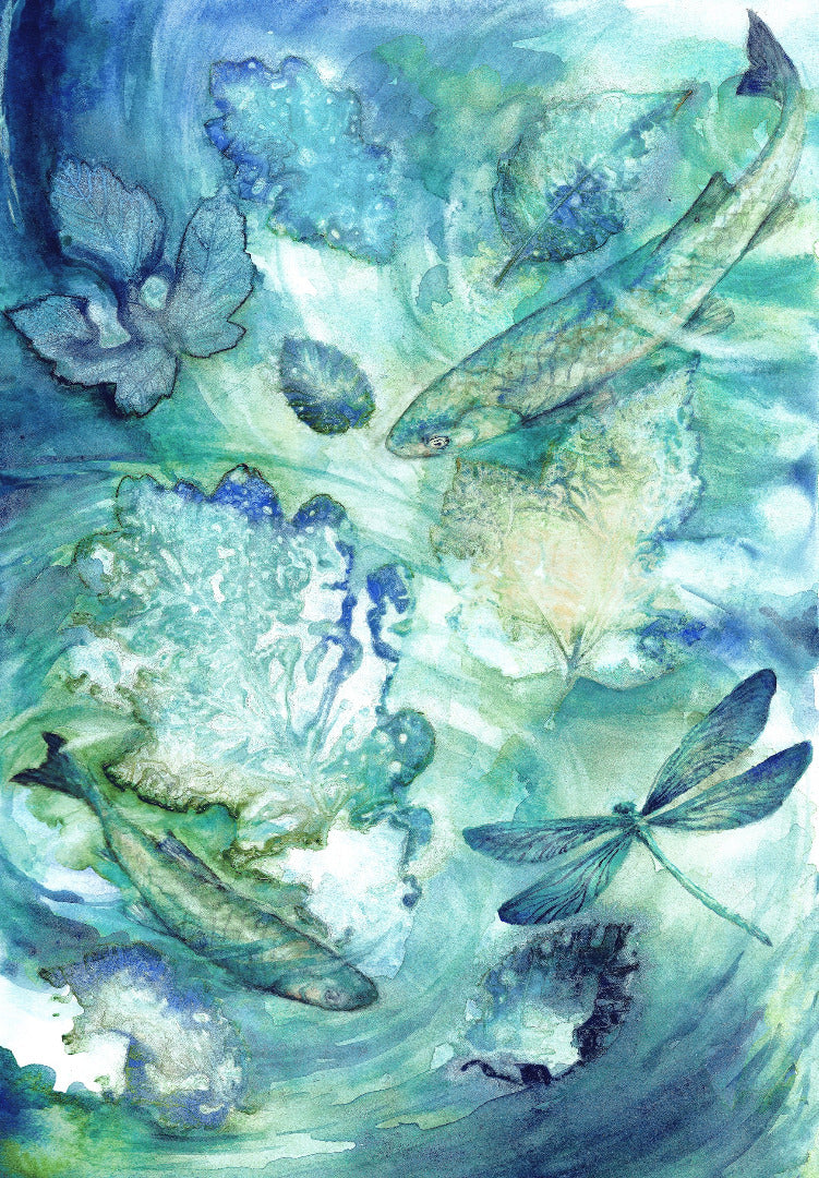 Watercolor artwork depicting fish, a dragonfly, and floating leaf-like forms in swirling shades of blue, teal, green, and white.