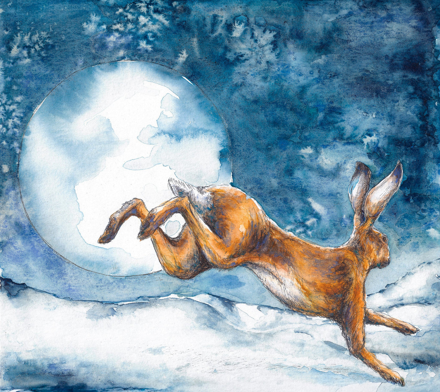 Artistic depiction of a hare running in front of a full moon with a blue and white background