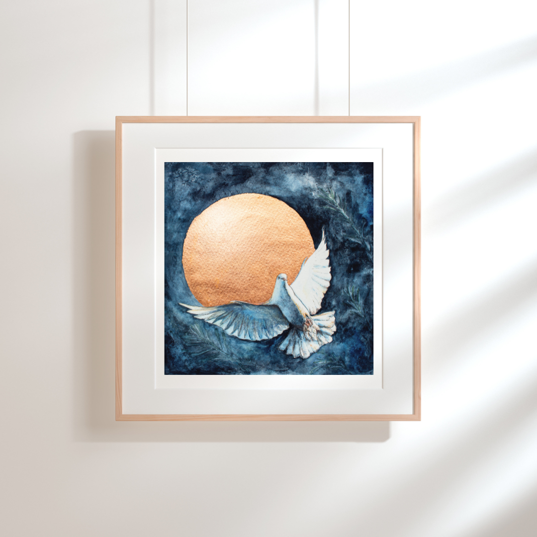 Framed artwork of a dove flying against a blue background with a gold sun