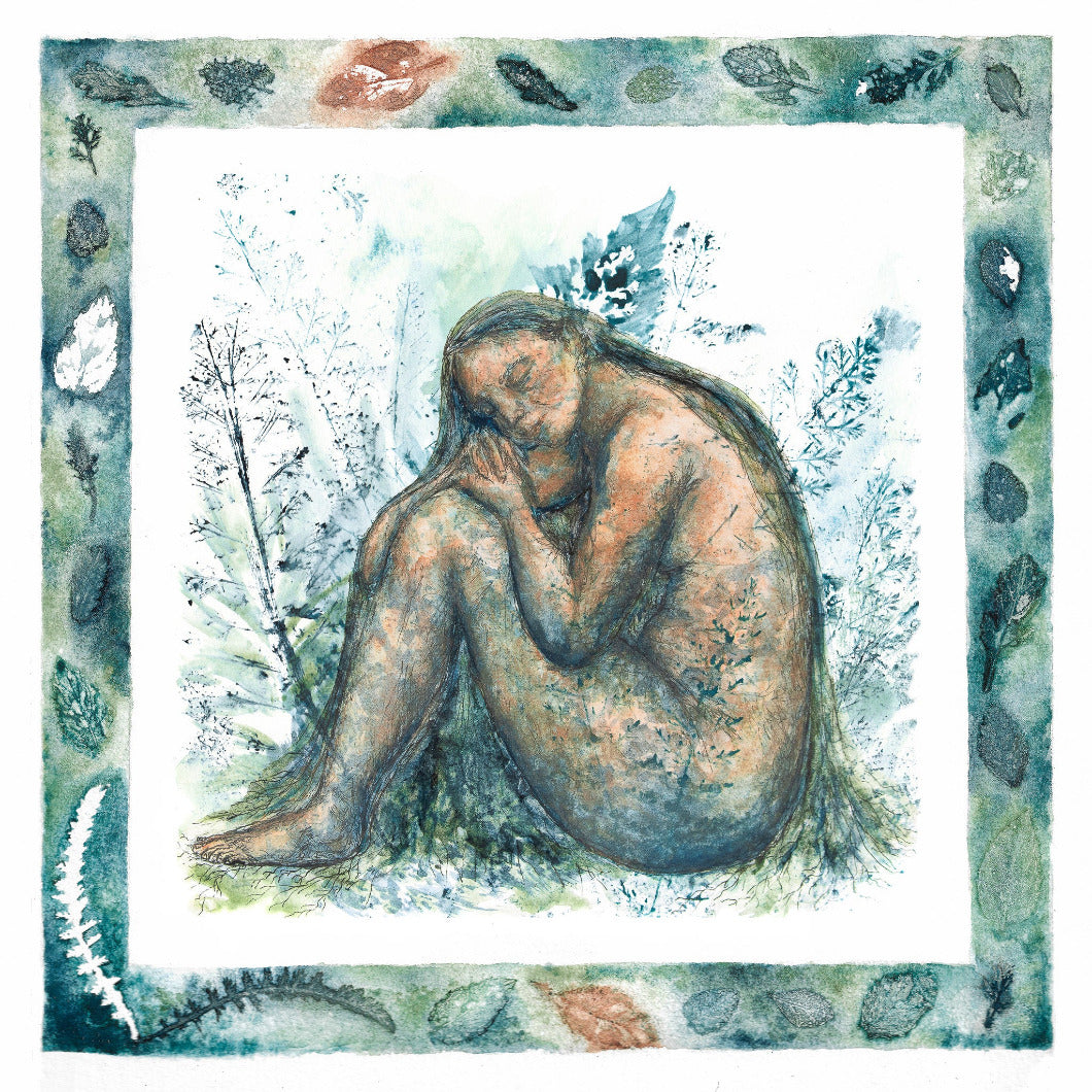 Artistic depiction of a nude figure sitting in nature with a decorative border.