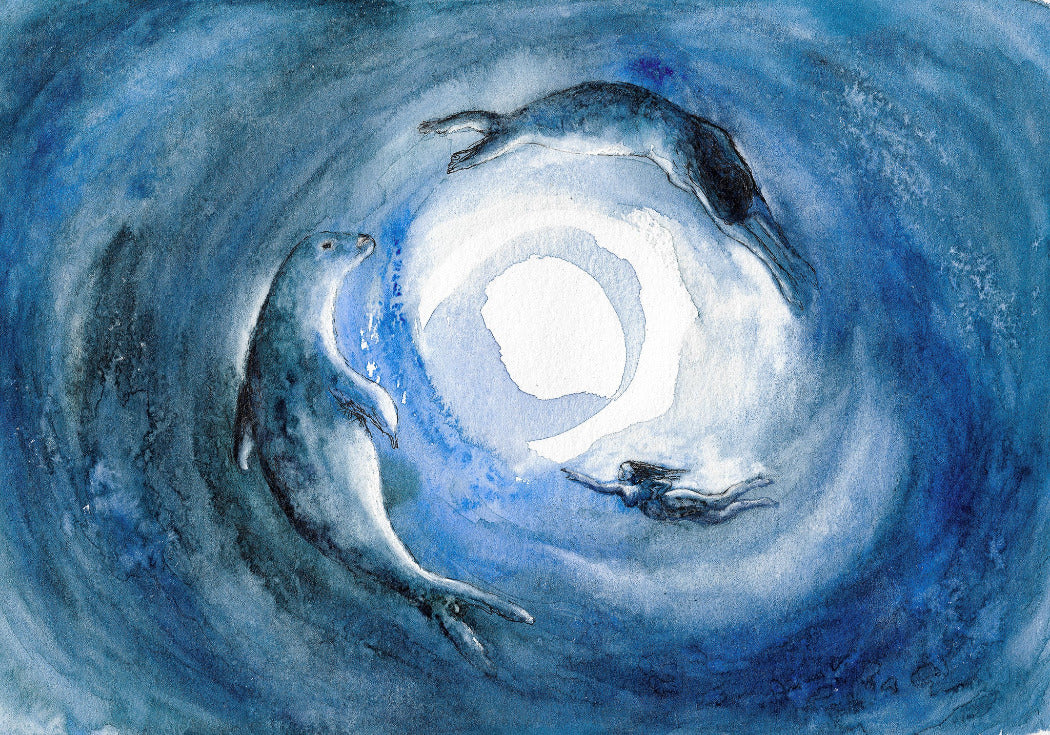 Watercolour painting of a seal shedding her skin to become a selkie as she swims in a spiral towards the full moon.