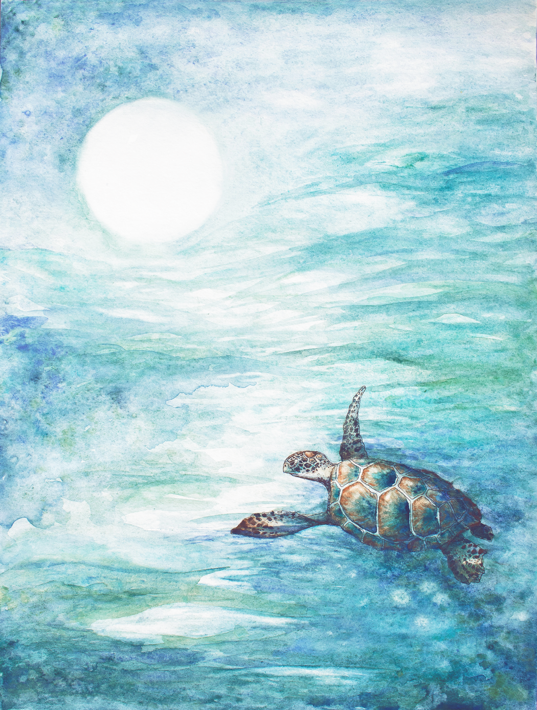 Watercolour painting of a turtle swimming in the ocean with a large moon in the sky