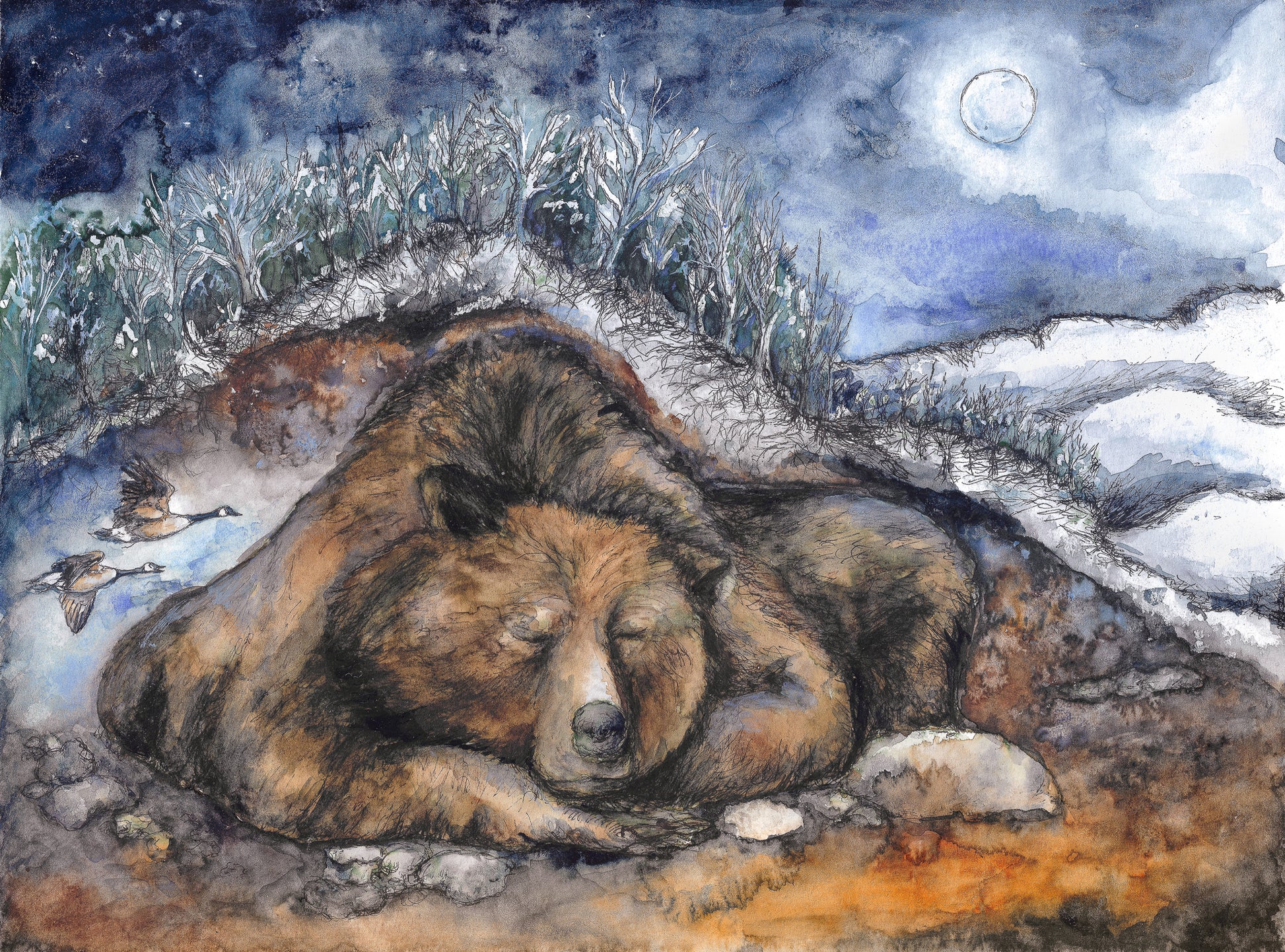Sleeping bear in a snowy landscape with a moonlit sky