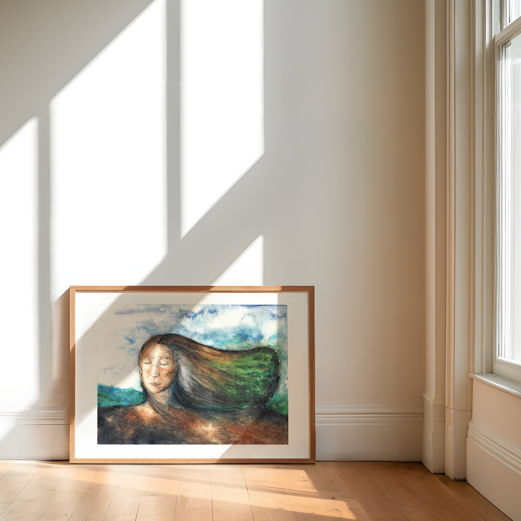 Framed artwork of a woman with long hair in a room with sunlight streaming through a window.