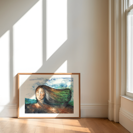 Framed artwork of a woman with long hair in a room with sunlight streaming through a window.