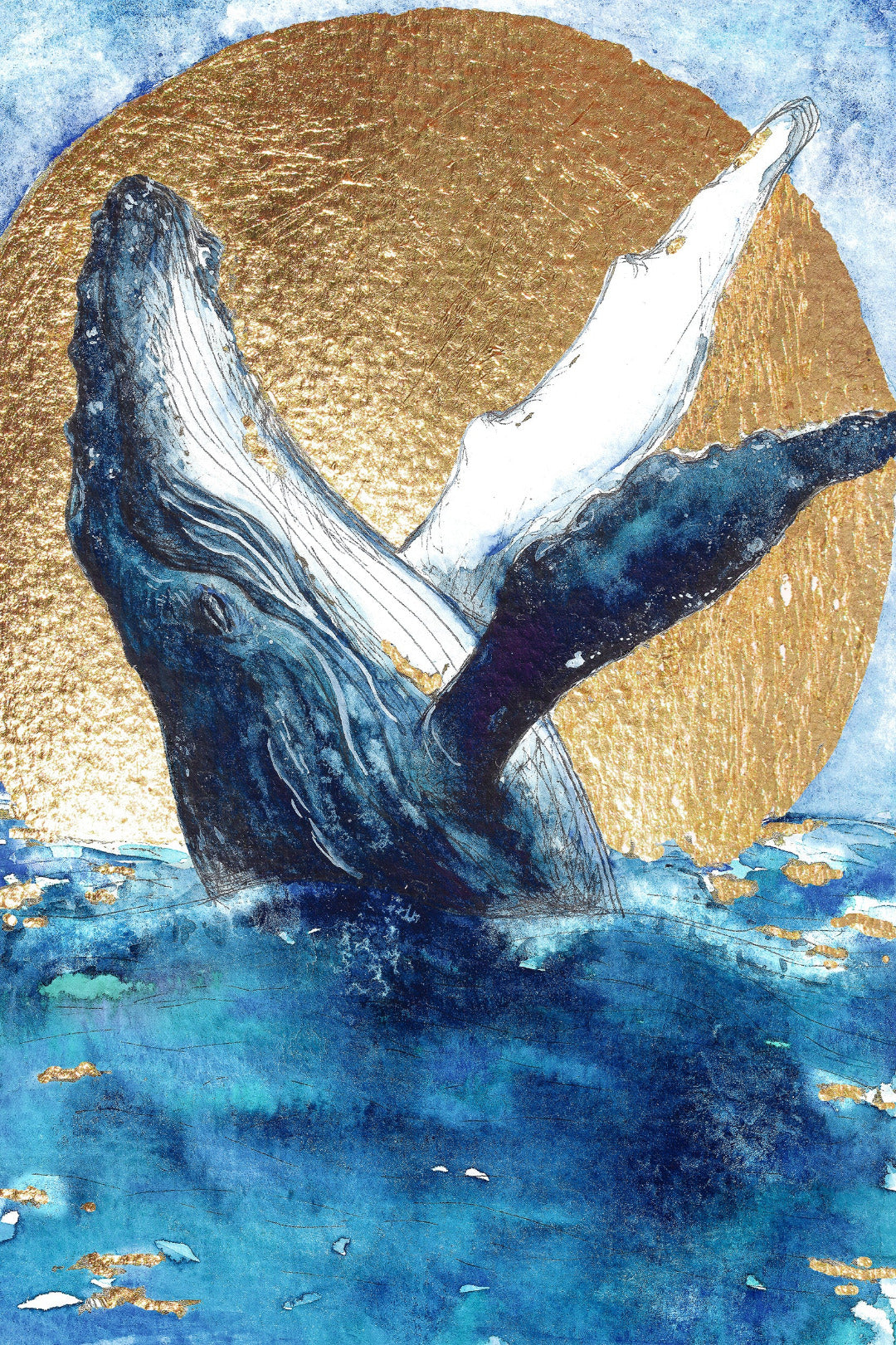 watercolour painting of a Humpback whale breaching in front of a sun with gold leaf